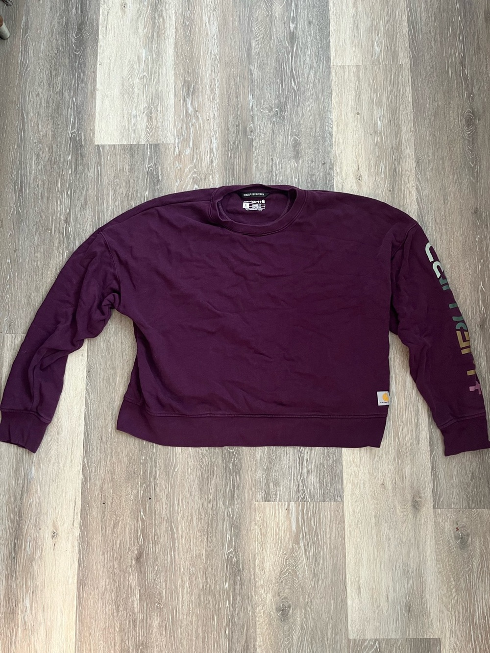 Carhartt Tencel Sweatshirt Womens Large Burgundy Loose Fit Cropped Sleeve Logo